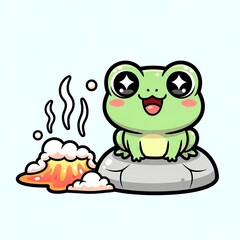 Obraz premium Cute Frog Sitting on Rock Next to Volcano.