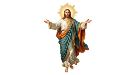 Fototapeta premium Jesus Christ illustration open arms halo, transparent background png