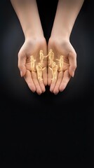 Obraz premium Protective hands holding glowing family figures representing care, support and unity in human resources and life insurance concepts.
