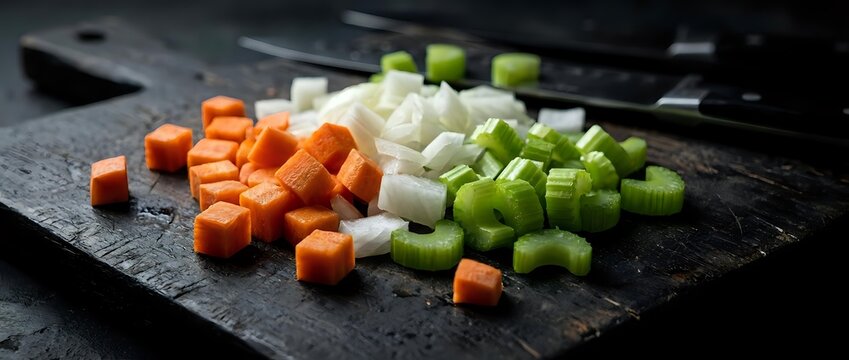 Fresh diced vegetables on dark cutting board with knife for cooking preparation. Colorful carrots, onions and celery ready for culinary use in kitchen.