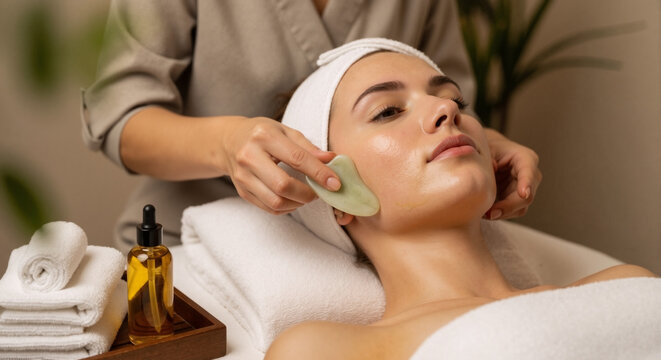 Woman receiving gua sha facial massage in a spa. Professional skincare treatment with jade stone and facial oil. Wellness and holistic health concept