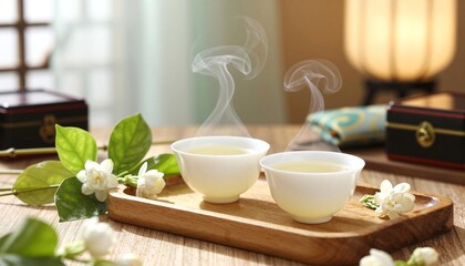 Fototapeta premium Steaming jasmine tea in two white porcelain cups on a wooden tray surrounded by jasmine flowers and green leaves in a cozy, softly lit table setting