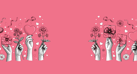 Illustration of Hands with Gifts Hearts and Flowers for Romantic Occasions