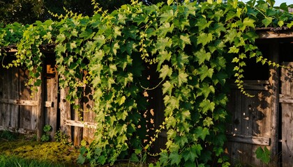 Fototapeta premium Lush green climbing ivy cascading over an old rustic wooden fence in warm dappled sunlight
