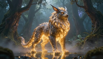 Fototapeta premium Glowing golden fox‐wolf spirit standing in misty enchanted forest pond, luminous fur reflecting on water