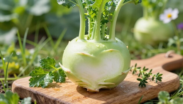 Fresh green kohlrabi bulb with leaves on a wooden cutting board, surrounded by herbs in a sunlit garden setting