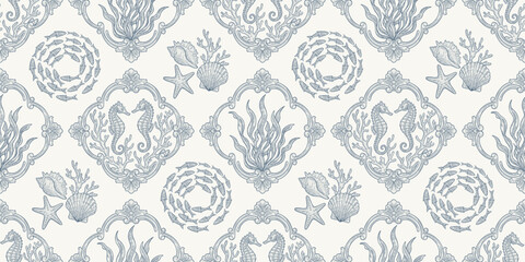 Blue maritime Toile de Jouy vector seamless pattern. School of fishes, seaweed, seahorses, seashells, starfishes and corals © Nastasja