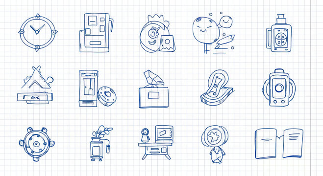Collection of hand-drawn icons representing various daily objects and activities.