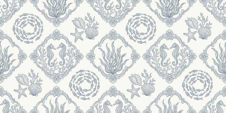 Blue maritime Toile de Jouy vector seamless pattern. School of fishes, seaweed, seahorses, seashells, starfishes and corals