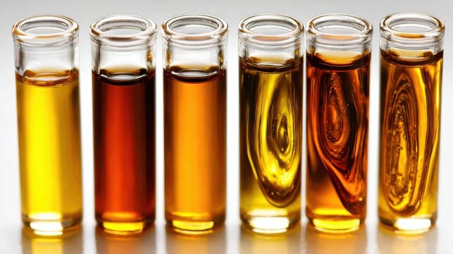 Four clear glass vials filled with different colored liquids in a laboratory setting