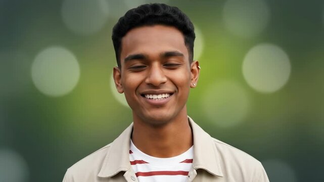 Smiling young man in beige jacket.