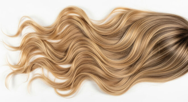 Wavy blonde hair extensions with dark roots and highlighted strands on a white backdrop creating a beautiful flowing texture for hair styling