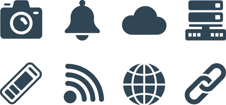 Set of various internet and technology interface icons representing digital communication data storage and network connectivity