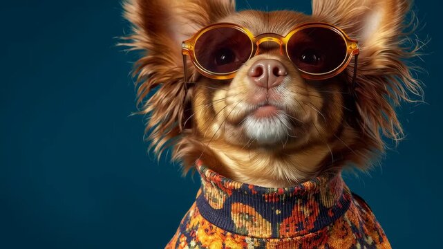 Dog wearing sunglasses poses in four frames with stylish outfit and bright background