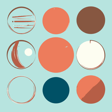 Composition abstraite de neuf cercles g&eacute;om&eacute;triques aux tons terreux et bleu canard sur un fond minimaliste vert menthe clair.