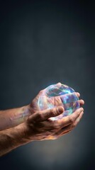 Naklejka premium Hands gently holding glowing transparent sphere with rainbow reflections against dark background symbolizing protection, care and fragile dreams.