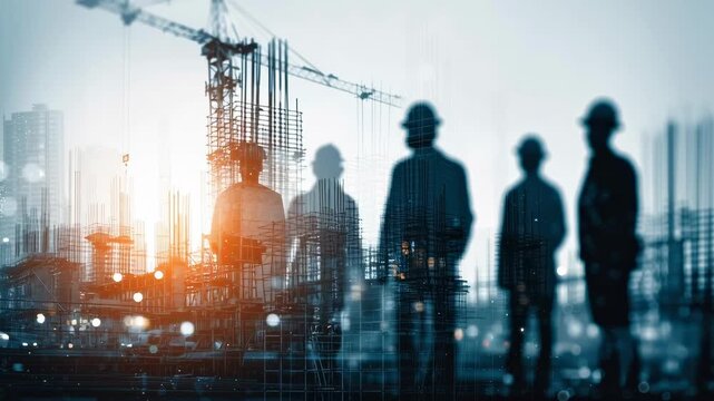 Construction workers plan building site in city during sunset with cranes and structures in background