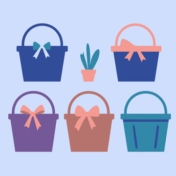 Une collection d'illustrations vectorielles minimalistes de paniers color&eacute;s orn&eacute;s de n&oelig;uds &eacute;l&eacute;gants et d'une petite plante en pot sur fond clair.