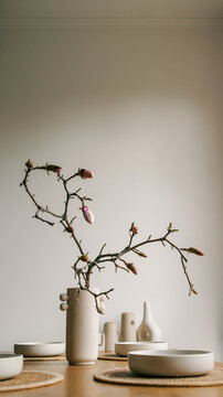 Minimalist table setting with delicate magnolia branches in a textured vase