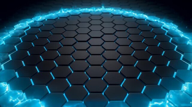 Futuristic black hexagon grid surface with blue energy pulse 4K loop