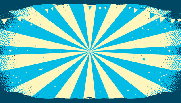 Arri&egrave;re-plan de cirque r&eacute;tro avec des rayons bleus et cr&egrave;me, texture grunge et fanions festifs pour une ambiance de f&ecirc;te foraine.