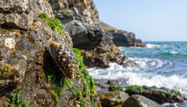 Close-up of an abalone sea snail clinging to a rocky shore with green seaweed and ocean waves in the background