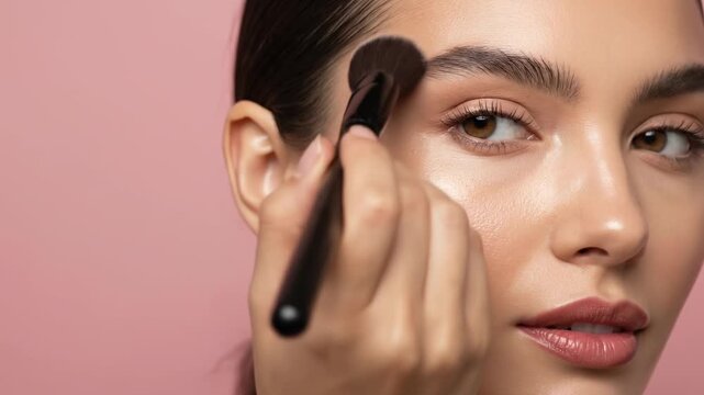 Close-up of a woman applying makeup with a brush on her cheek.