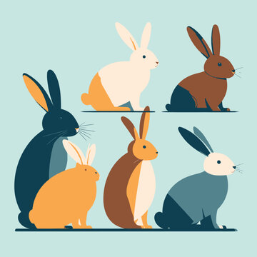 Illustration vectorielle de six lapins stylis&eacute;s aux couleurs modernes et minimalistes, id&eacute;ale pour des concepts de P&acirc;ques ou de nature.