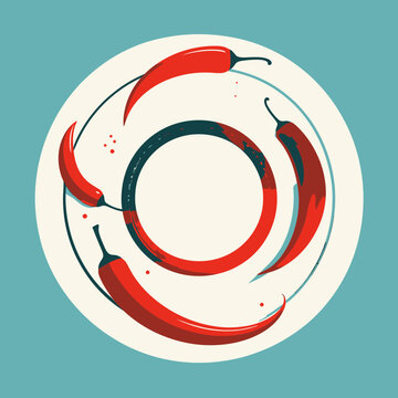 Illustration stylis&eacute;e de piments rouges forts dispos&eacute;s de mani&egrave;re circulaire sur une assiette blanche, fond bleu sarcelle &eacute;l&eacute;gant et &eacute;pur&eacute;.