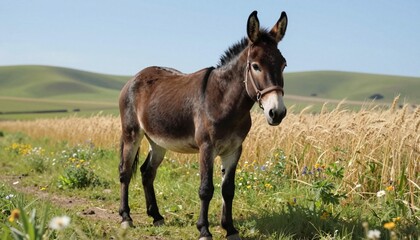 Obraz premium Young brown donkey standing on a grassy dirt path by a wheat field under clear sky