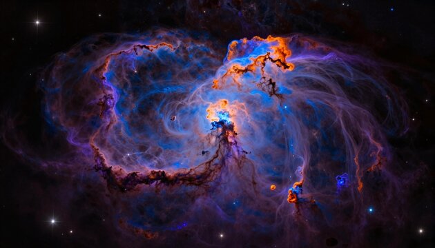 Vibrant purple and orange emission nebula with swirling gas clouds, glowing filaments and distant stars in deep space