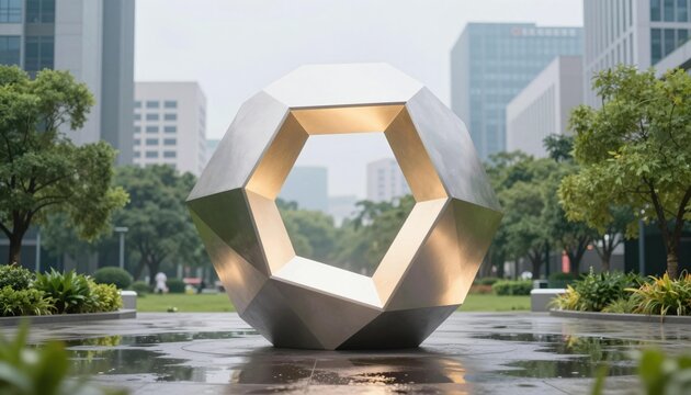 Polished stainless steel geometric ring sculpture on a reflective plaza in a modern city park