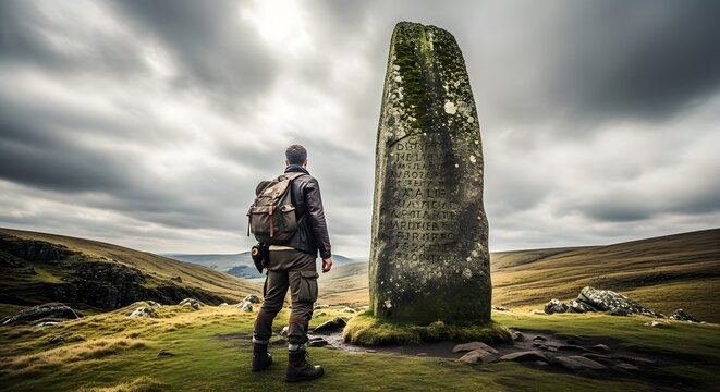 Man standing before ancient moss covered monolith in dramatic landscape.