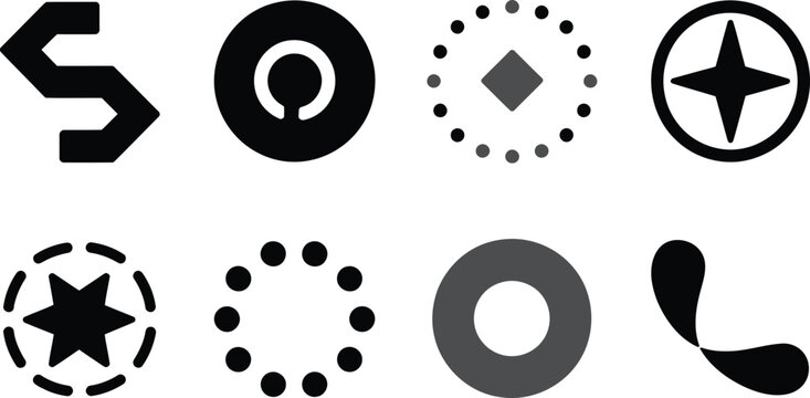 Set of eight black monochrome geometric icons featuring various shapes like stars circles and arrows