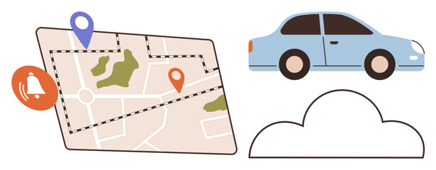 Fototapeta premium Navigation systems, travel planning, online maps, cloud technology, transportation, vehicle tracking. Flat vector map with GPS pins, cloud and a car. Navigation systems and travel planning concept