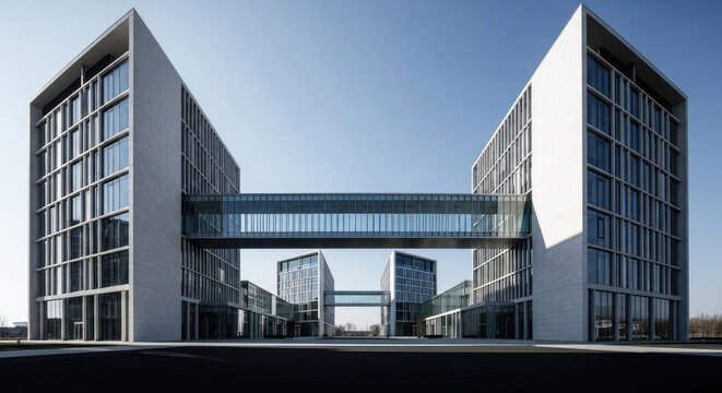 Modern corporate architecture featuring symmetrical office buildings linked by glass skybridges against a clear blue sky creating a commercial campus