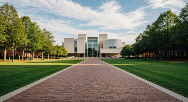 Modern architecture of the performing arts center on a sunny day with red brick path and green lawn in Indiana USA