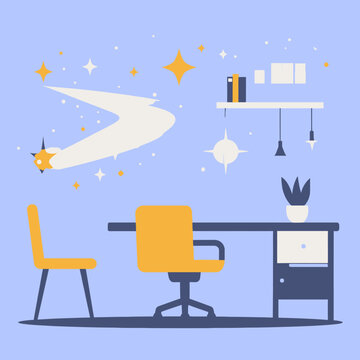 Un'illustrazione vettoriale moderna di un ufficio a casa con scrivania, sedia, computer portatile e decorazioni a tema spaziale con stelle e una cometa.