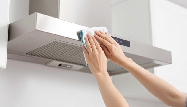 Close-up of hands wiping a stainless steel kitchen range hood with a microfiber cloth