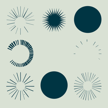 Nove elementi grafici astratti di colore blu su sfondo grigio chiaro, forme geometriche e raggi