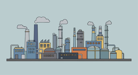 Obraz premium Industrial Factory Skyline with Smokestacks and Buildings.