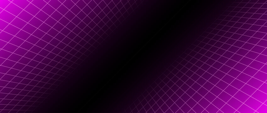 Pink glow neon wireframe background. Shining checkered grid floor plane in deep perspective. Bright retro futuristic diagonal wallpaper. Arcade game sci fi matrix rotating surface. Vector backdrop