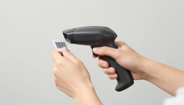 Close-up of hands using a handheld pistol-grip barcode scanner to scan a barcode label on a white background