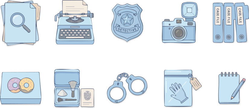 Set of detective and police investigation icons including a badge, handcuffs, and evidence collection tools for law enforcement concepts.