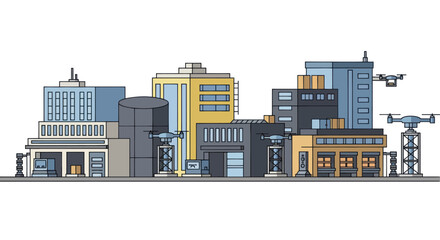 Fototapeta premium Modern Cityscape with Drone Delivery and Industrial Buildings.