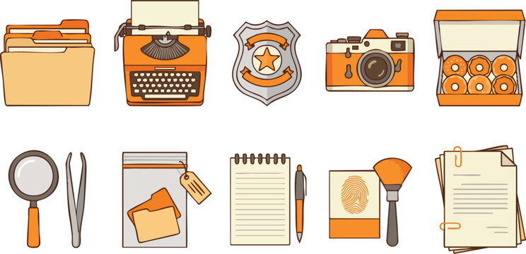 A collection of stylized detective icons including a police badge, evidence bag, donuts, and a typewriter for crime scene investigation.