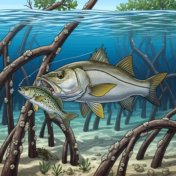 Snook attacking baitfish in mangrove habitat, illustration.