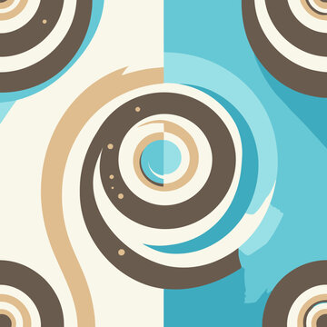 Motivo astratto con spirali concentriche in colori pastello e marroni su sfondo diviso