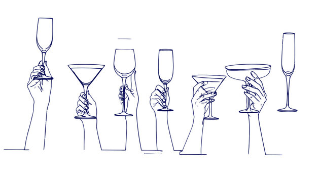 Diverse mani con bicchieri da cocktail e champagne celebrano un brindisi festivo, stile line art