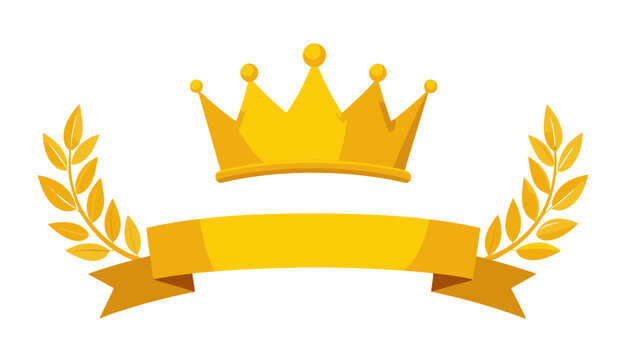 Illustrazione vettoriale di una corona d'oro con alloro e nastro, simbolo di vittoria, successo e regalit&agrave; su sfondo bianco.